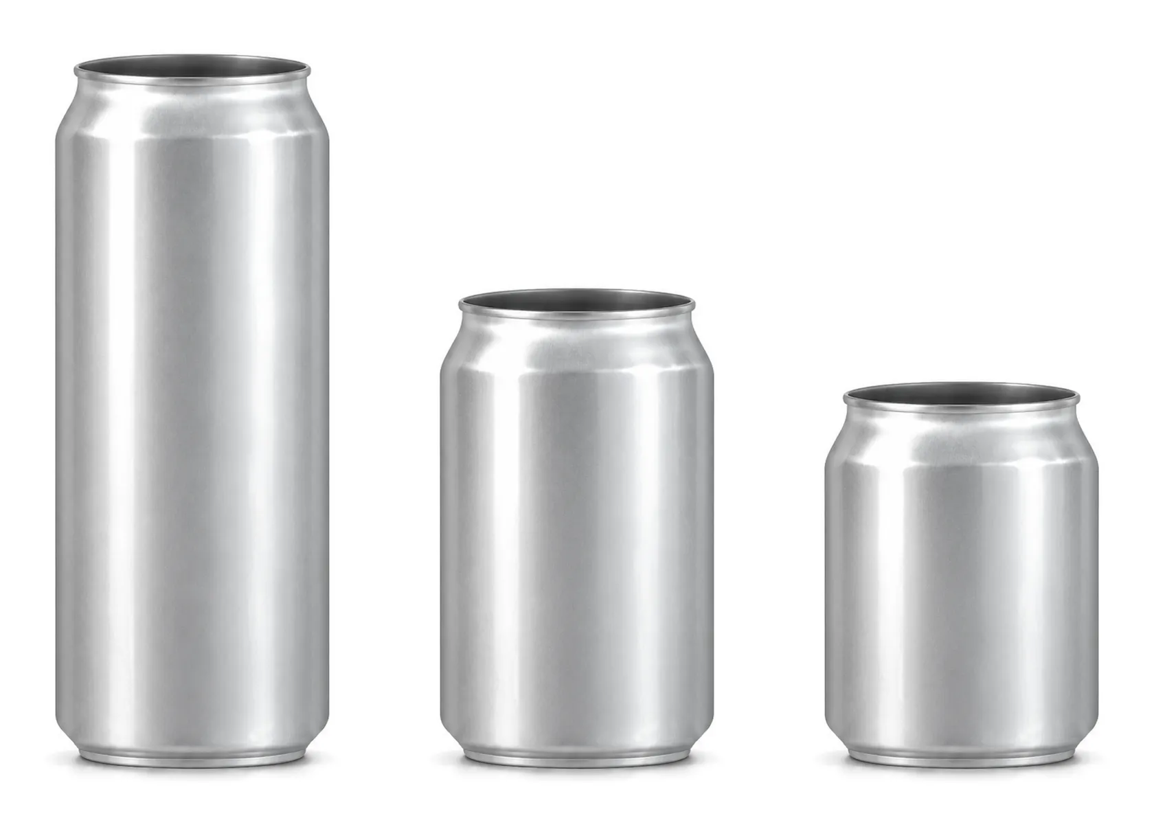 Three plain aluminium cans side by side, open and without lids: 500, 330 and 250 ml