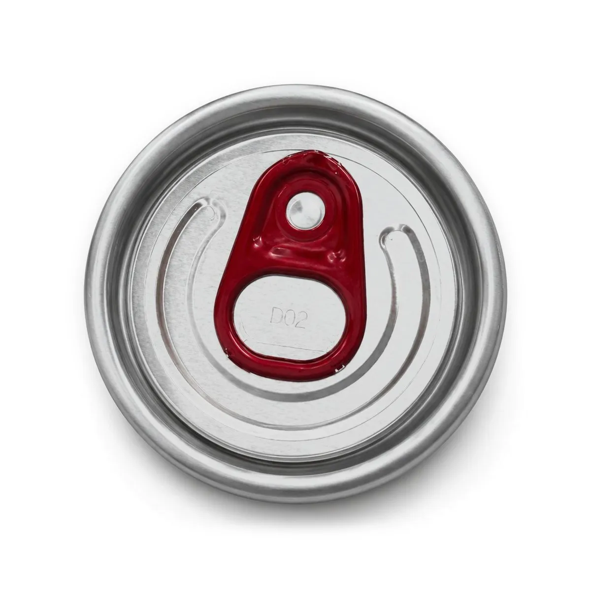 Aluminium lid with a red pull ring, seen from above