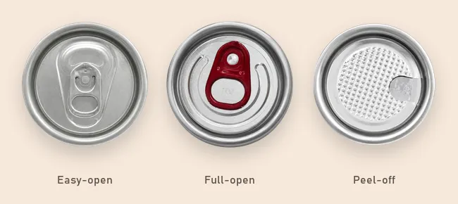 Three aluminium lids seen from above, labelled Easy-open, Full-open and Peel-off.