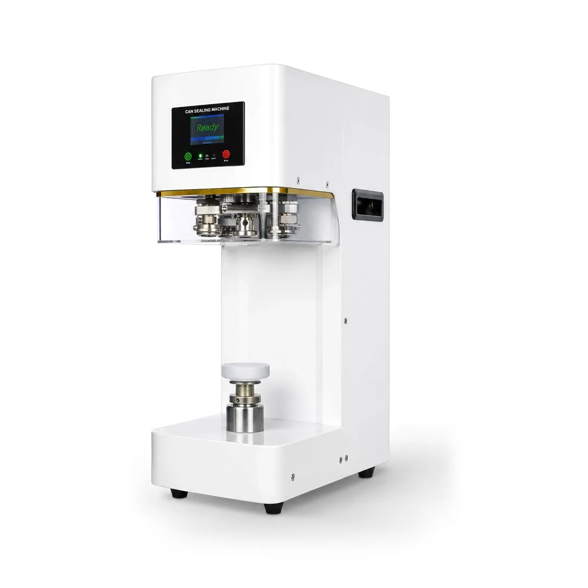 White benchtop can sealing machine with a front display