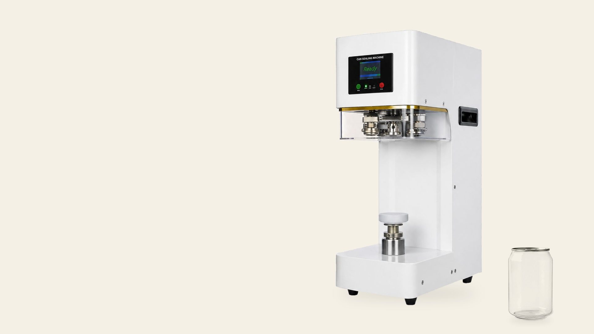 A white can sealing machine with a clear PET can beside it, on a plain cream background.