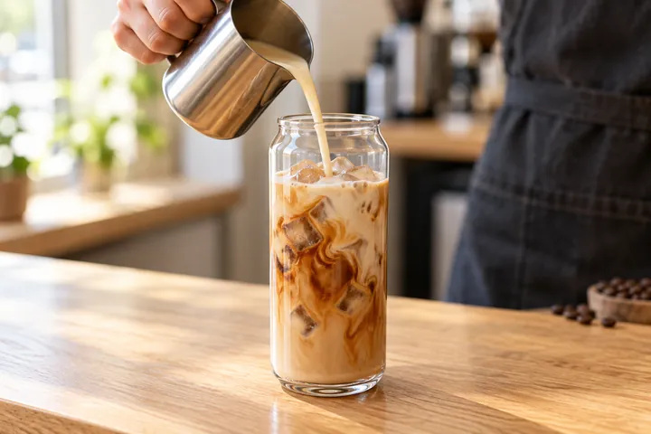 A barista pours an iced latte into an open clear PET can.