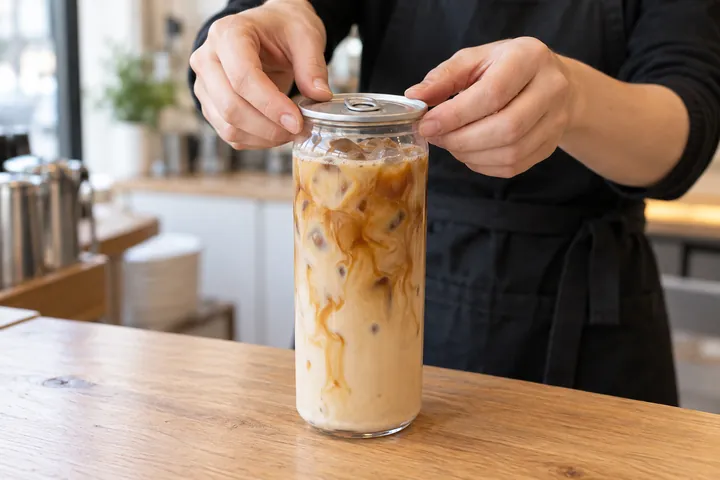 A barista places an aluminium Easy Open lid on the filled can.