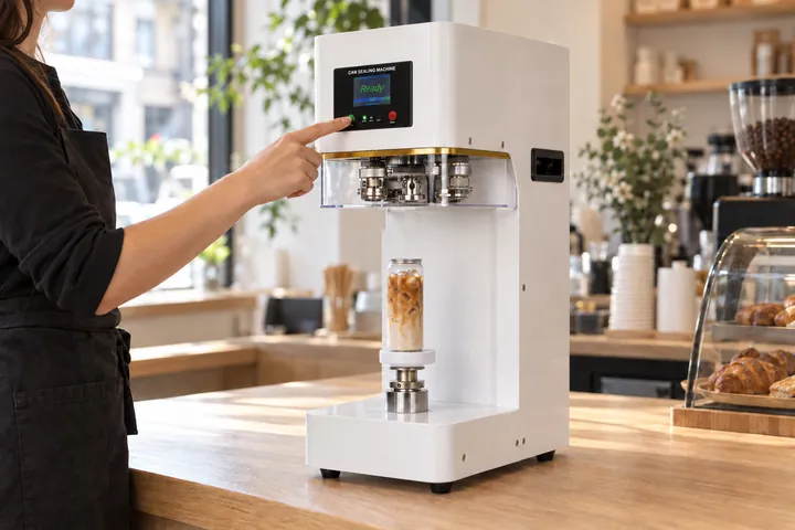The filled can sits in the white can sealing machine while a barista presses the start button.