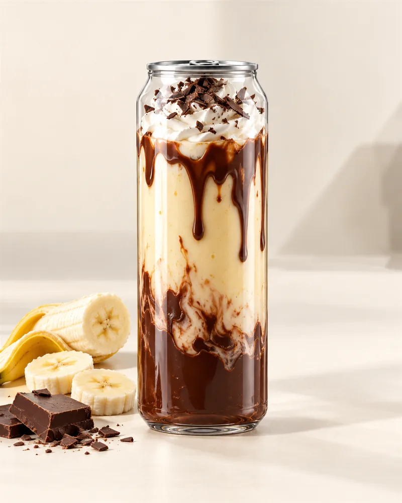 Banana Choco in a sealed clear PET can, on a wooden table with autumn leaves