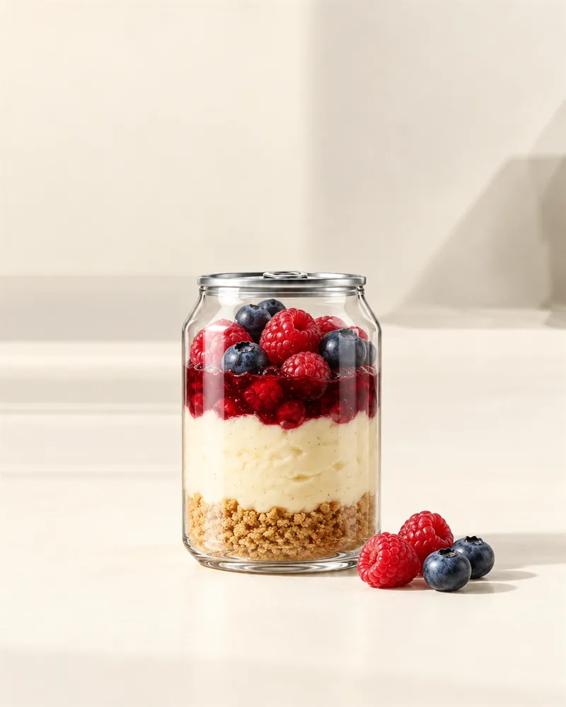 Cheesecake in a sealed clear PET can, on a wooden table with autumn leaves