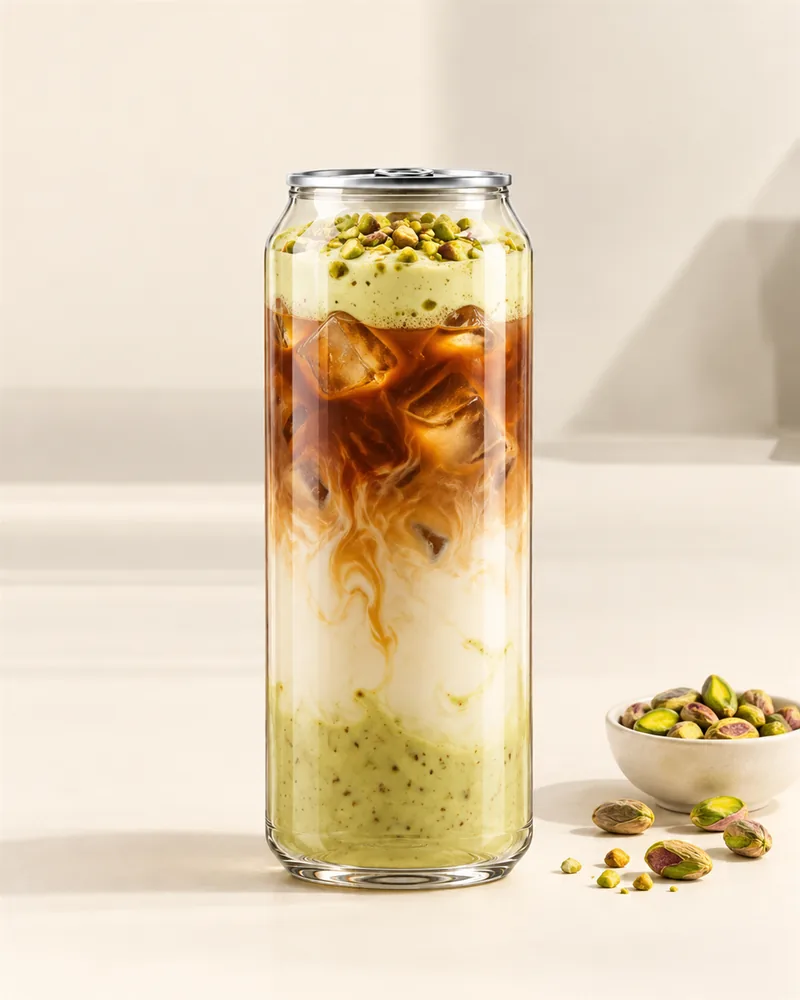 Pistachio Latte in a sealed clear PET can, on a wooden table with autumn leaves