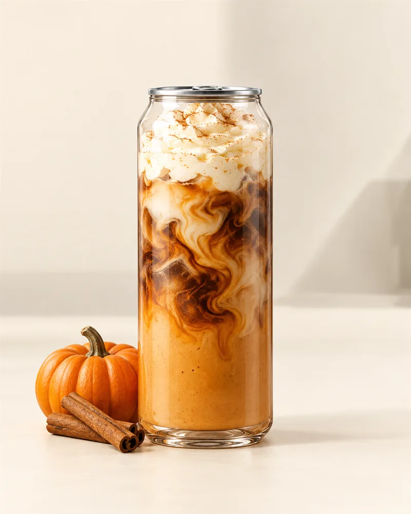 Pumpkin Spice Latte in a sealed clear PET can, on a wooden table with autumn leaves