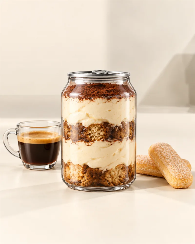 Tiramisu in a sealed clear PET can, on a wooden table with autumn leaves