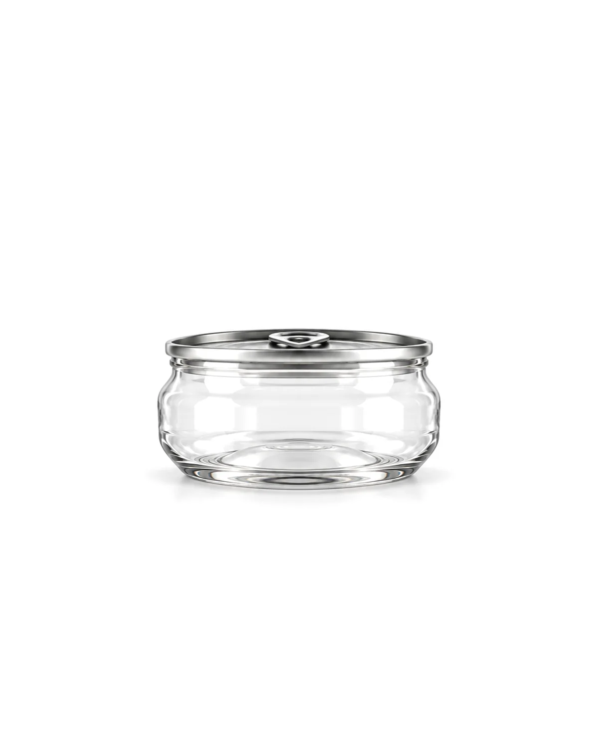 Clear PET jar 205 ml, 85 mm wide, with an aluminium easy-open lid and a clear plastic overcap