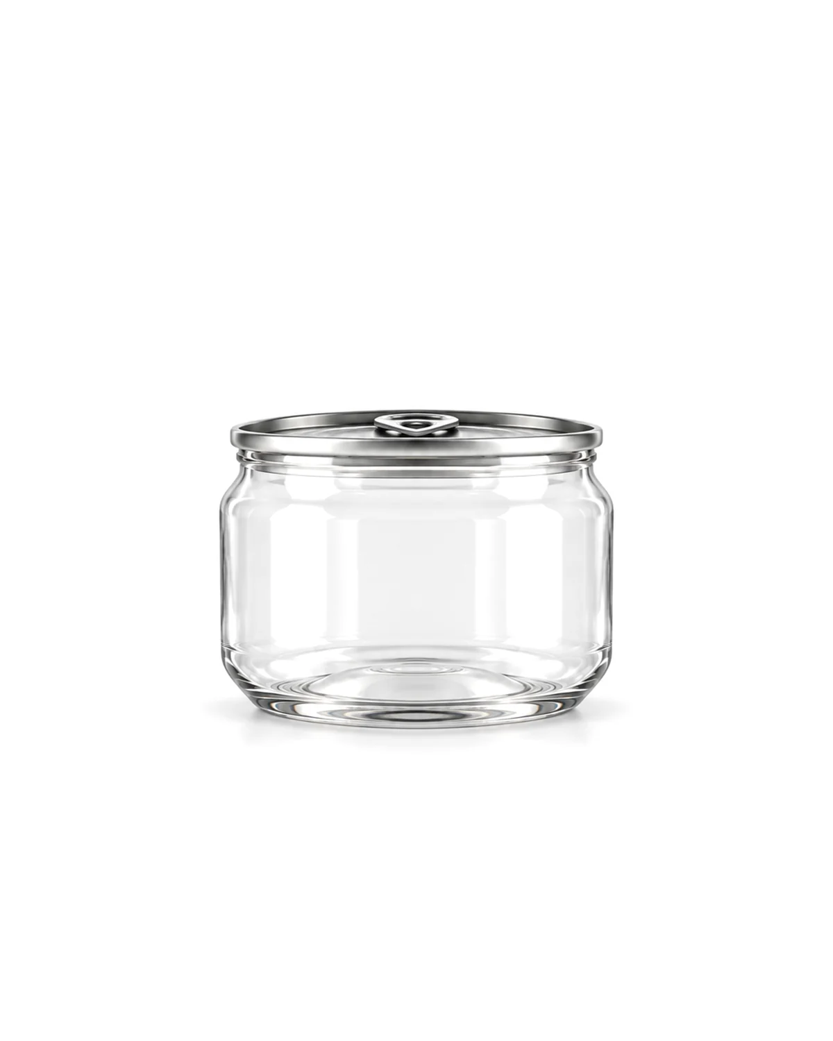 Clear PET jar 300 ml, 85 mm wide, with an aluminium easy-open lid and a clear plastic overcap