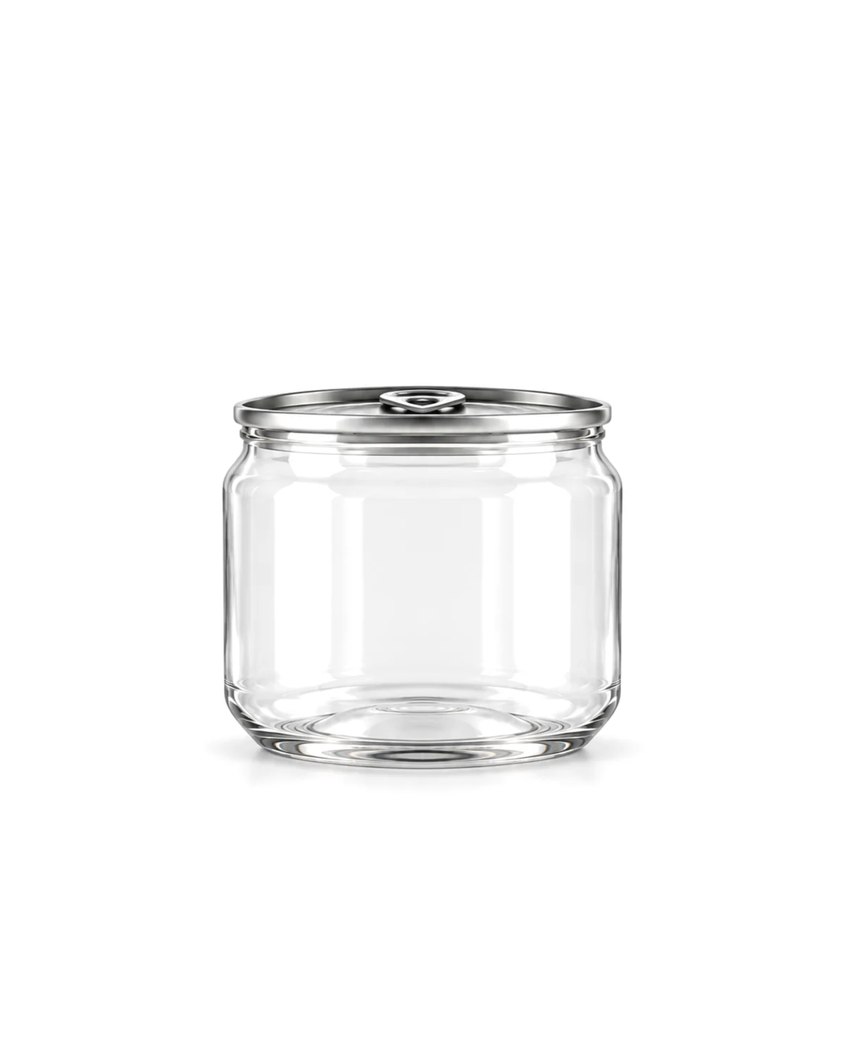 Clear PET jar 360 ml, 85 mm wide, with an aluminium easy-open lid and a clear plastic overcap